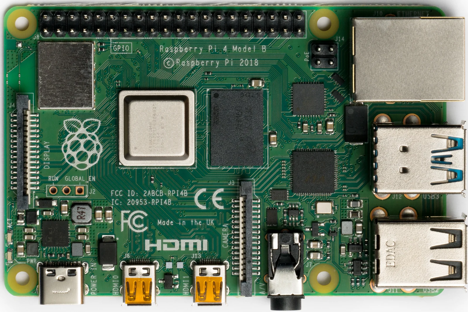Top view of a Raspberry Pi 4 Model B, showing its board, ports and connectors.